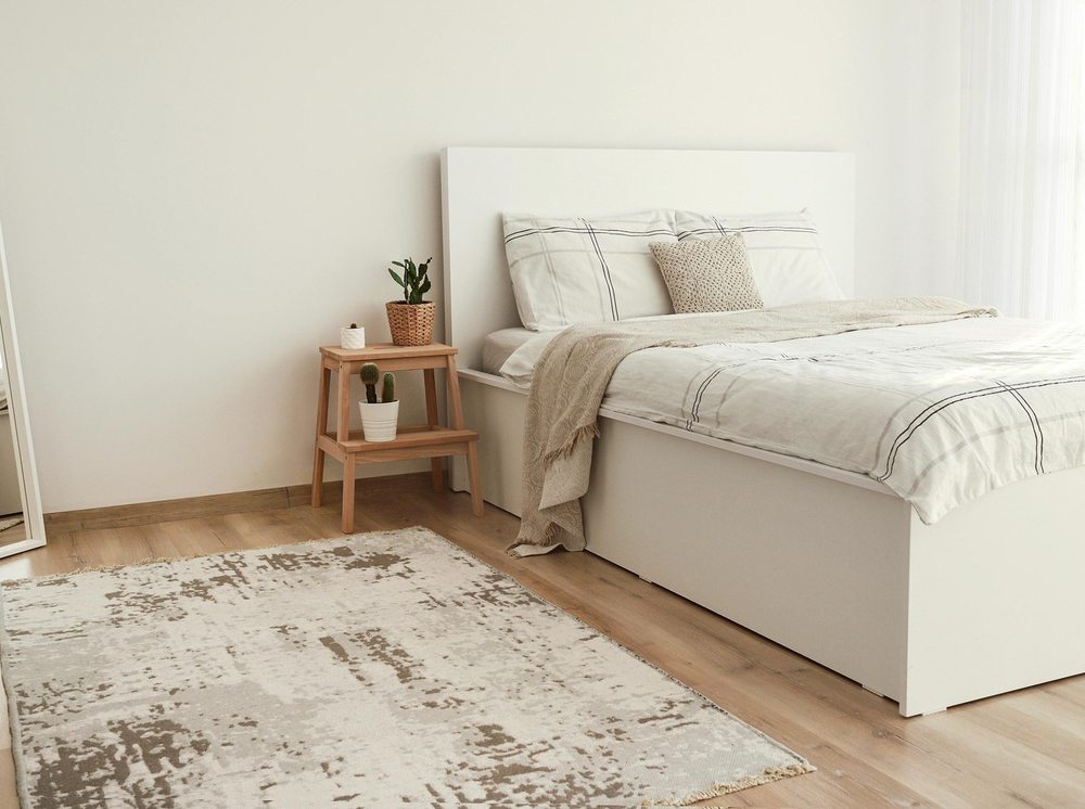 Soft neutral bedroom with linen bedding
