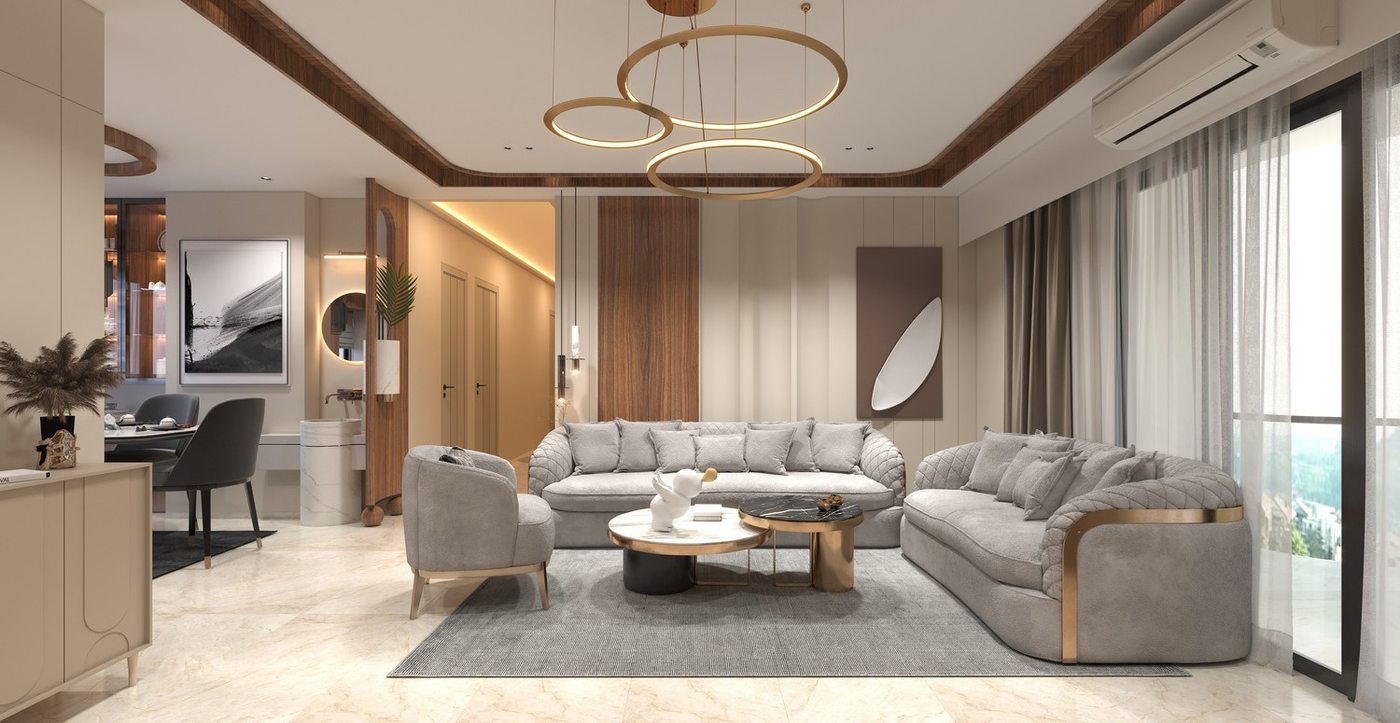 Spacious living room with gold ring pendant lighting