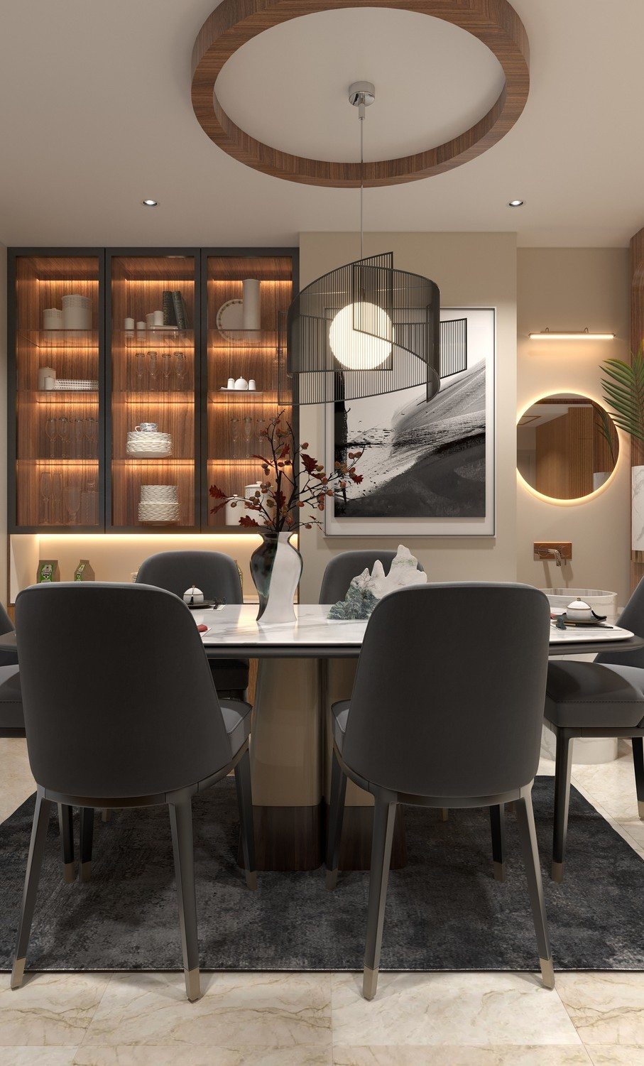 Dining space with statement lighting