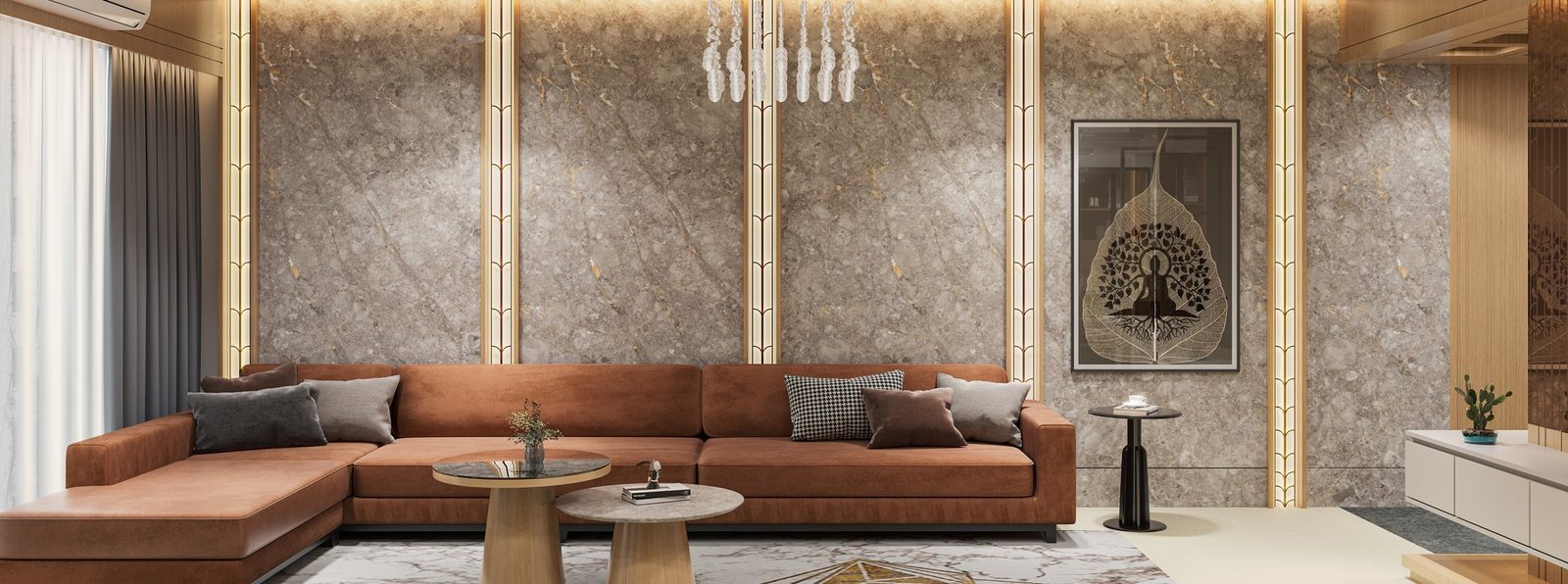 Living room with marble accent wall