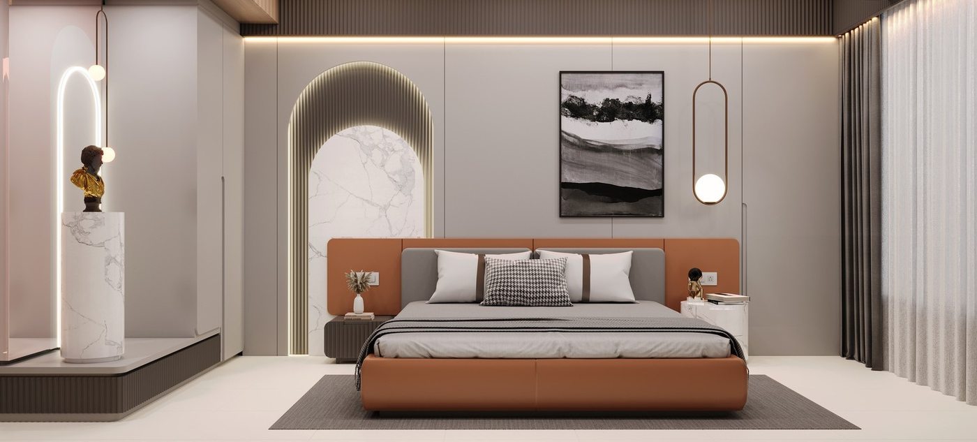 Elegant bedroom with marble accent and arched niche